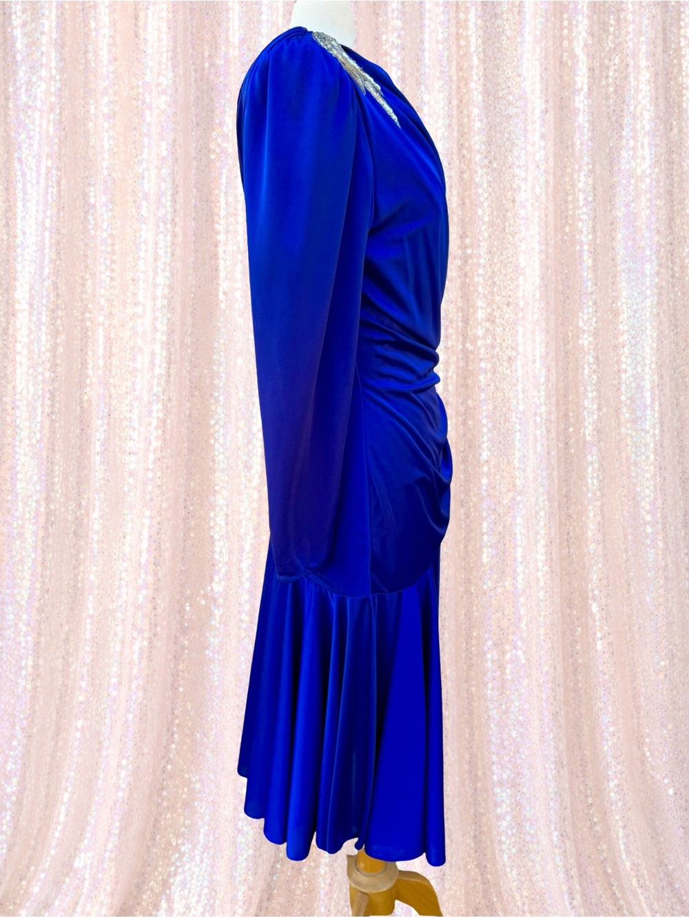 Vintage Capricorn Cobalt Blue Beaded Draped Midi Dress Sz 12 USA - Picture 4 of 16